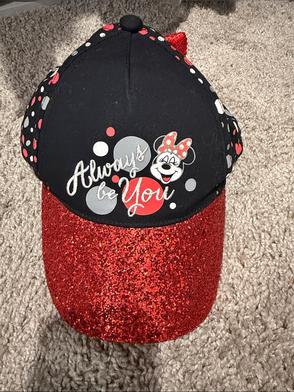 Disney Parks Minnie Mouse Youth Size ‘Always Be You' Red Glitter Baseball hat.